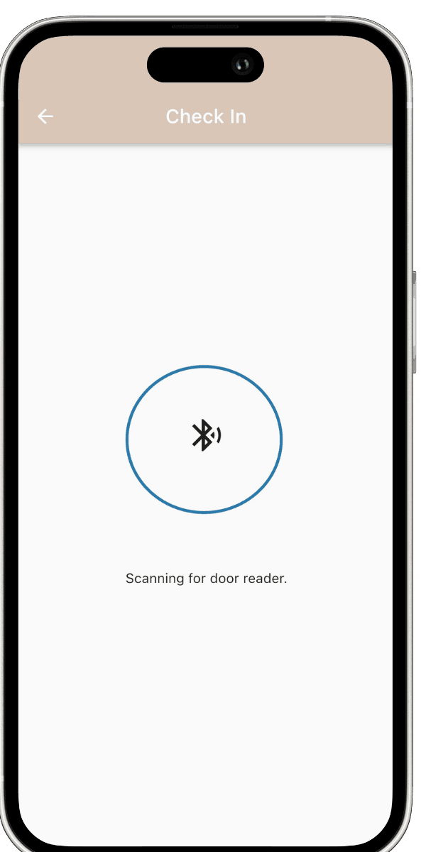 The Tanned Co. app Check In screen scanning for the door reader